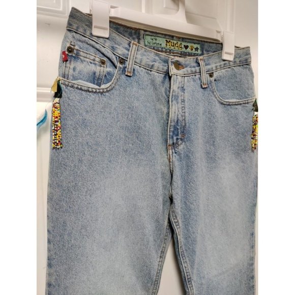 Mudd Cotton Mid Rise Straight Leg Embroidered Fringe Denim Jeans Blue Size 9 - Picture 4 of 14